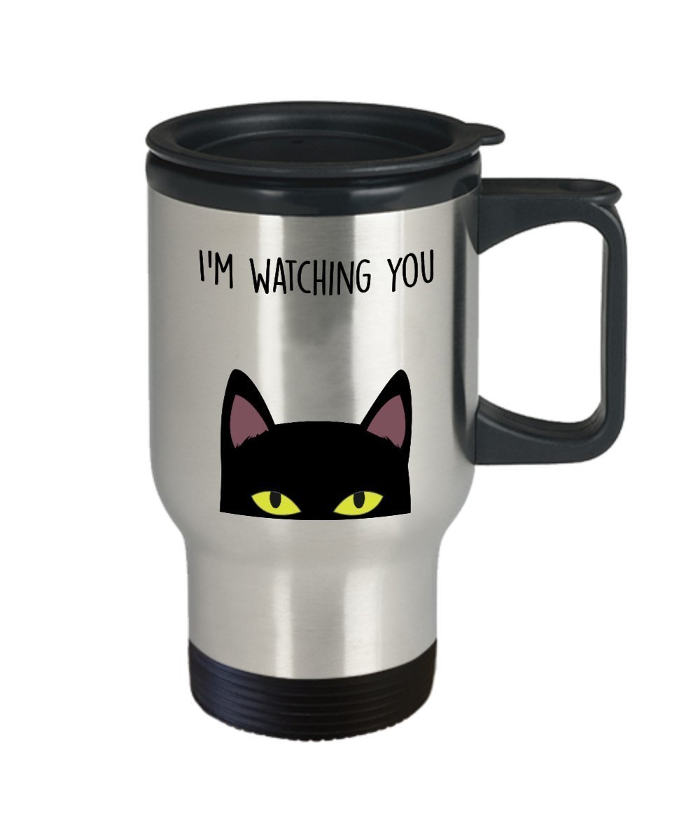 Peeking Cat Travel Mug - Insulated Tumbler - I'm watching you with Peeking Cat - Funny gag gift idea for cat lover Men/ Women/ girl