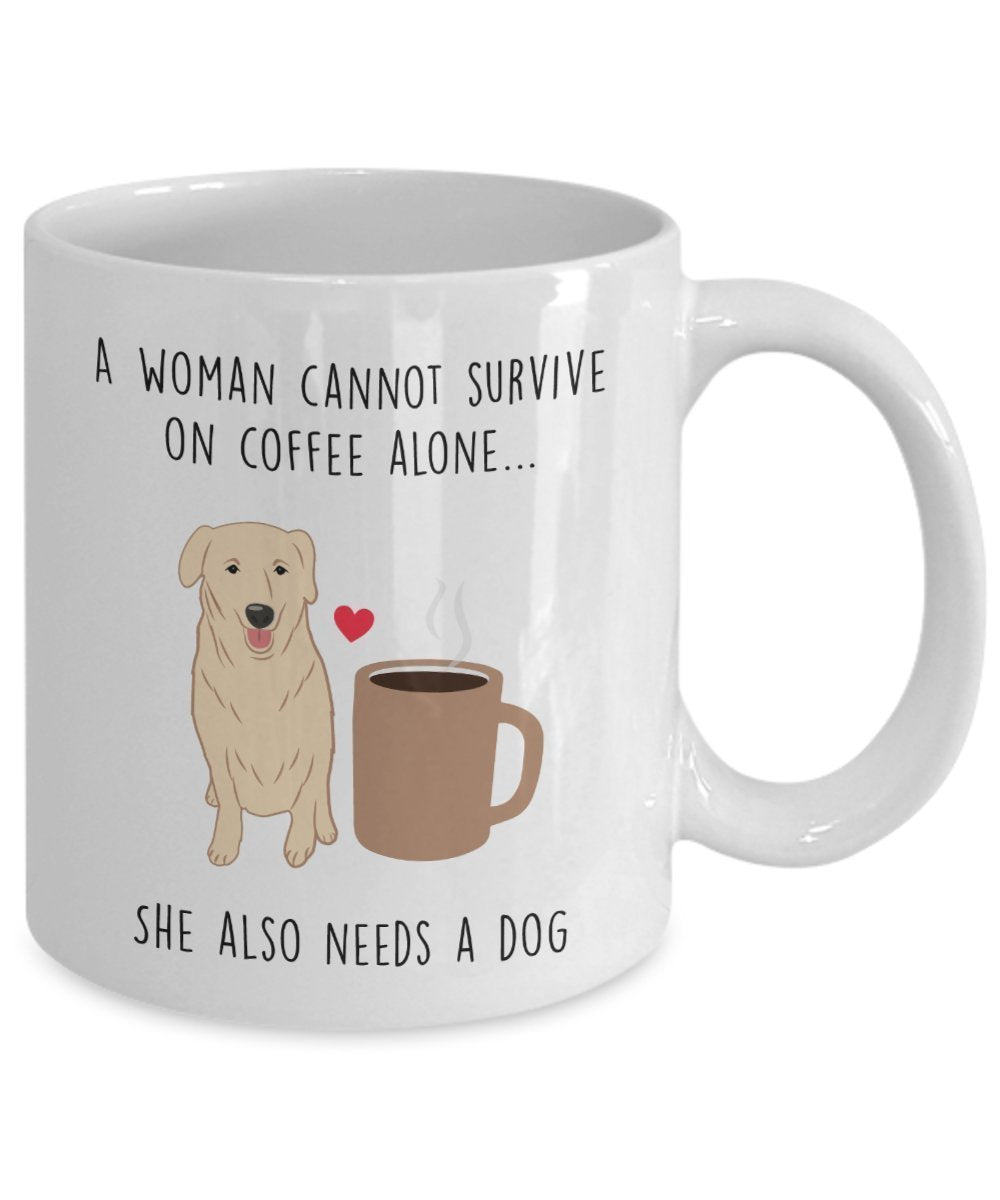 A Woman Cannot Survive On Coffee Alone Mug - Dog Lover Gift - Funny Tea Hot Cocoa Cup - Novelty Birthday Christmas Anniversary Gag Gifts Idea