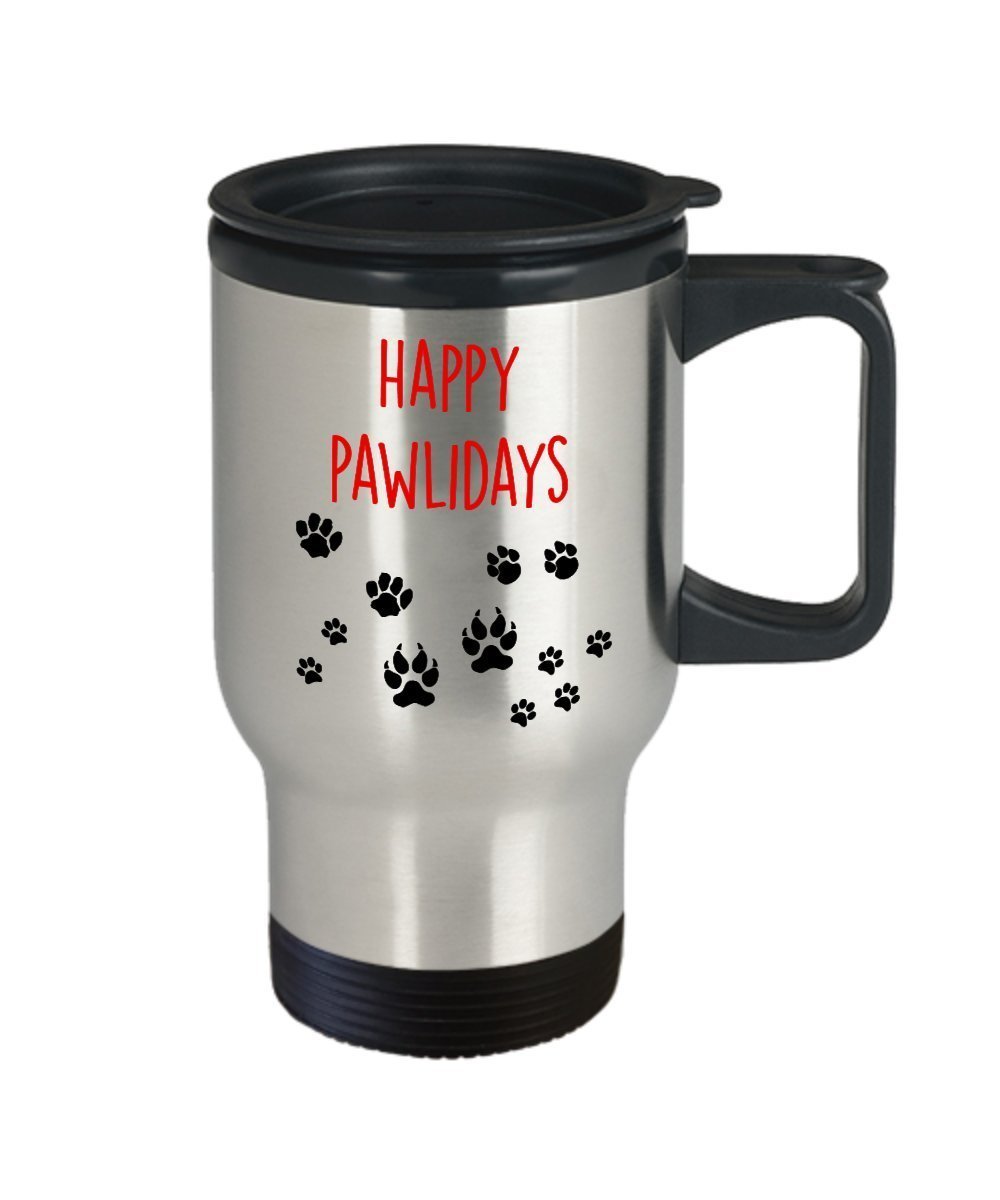 Happy Pawlidays Travel Mug - Funny Tea Hot Cocoa Coffee Insulated Tumbler - Novelty Birthday Gift Idea