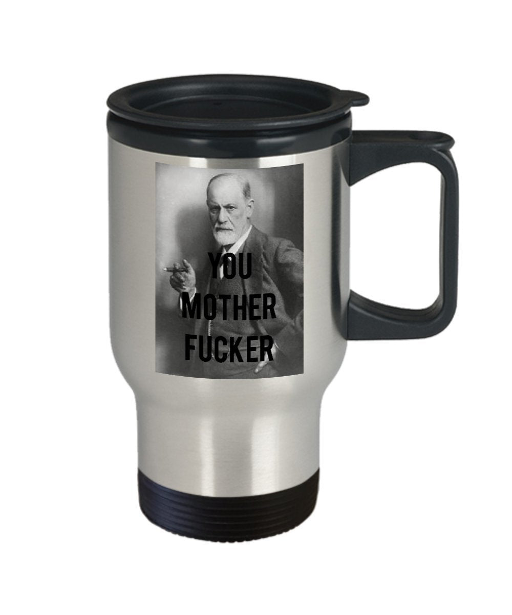 Sigmund Freud Pun Travel Mug - Funny Tea Hot Cocoa Coffee Insulated Tumbler - Novelty Birthday Gift Idea