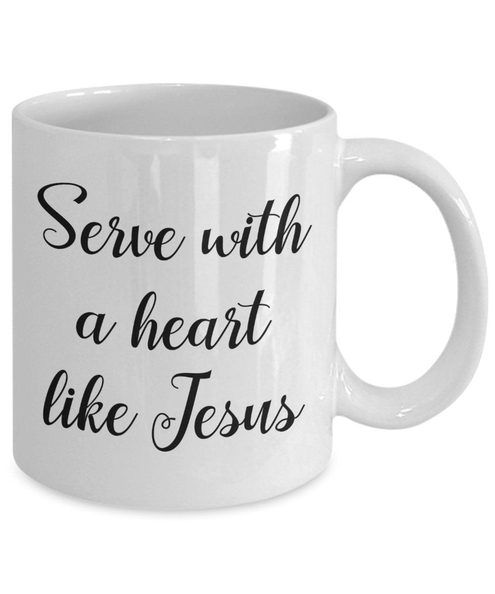 Tasse mit Aufschrift"Serve With A Heart Like Jesus", lustige Teetasse, Kakao, Kaffeetasse – Neuheit Geburtstag Weihnachten Jahrestag Gag Geschenkidee