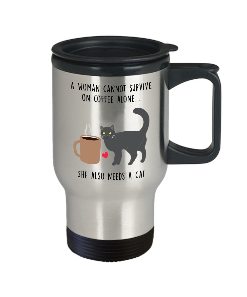 A Woman Cannot Survive On Coffee Alone Travel Mug - Cat lover Gift - Funny Tea Hot Cocoa Insulated Tumbler - Novelty Birthday Christmas Anniversary Ga