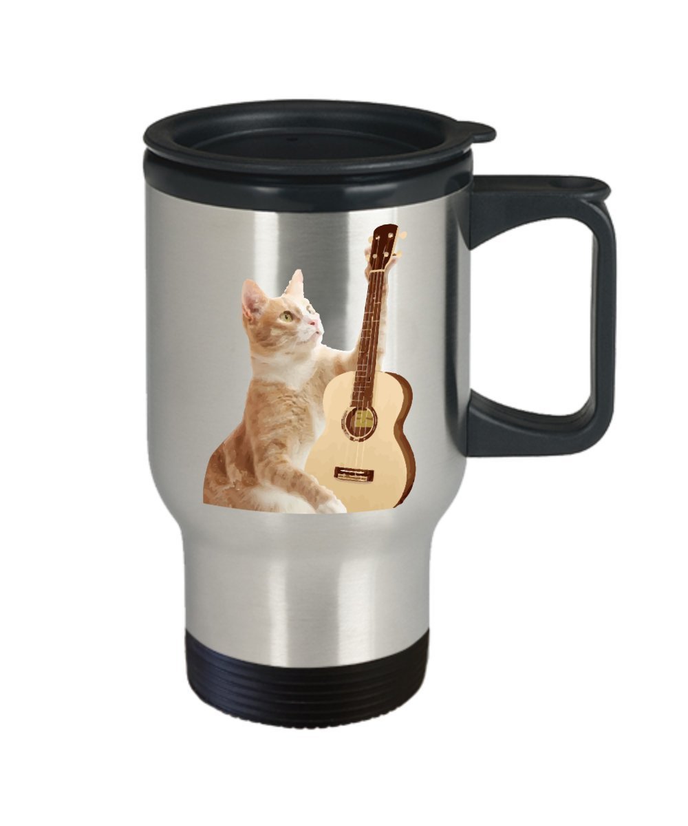 Funny Cat Playing Ukulele Travel Mug- Funny Tea Hot Cocoa Coffee - Novelty Birthday Christmas Gag Gifts Idea
