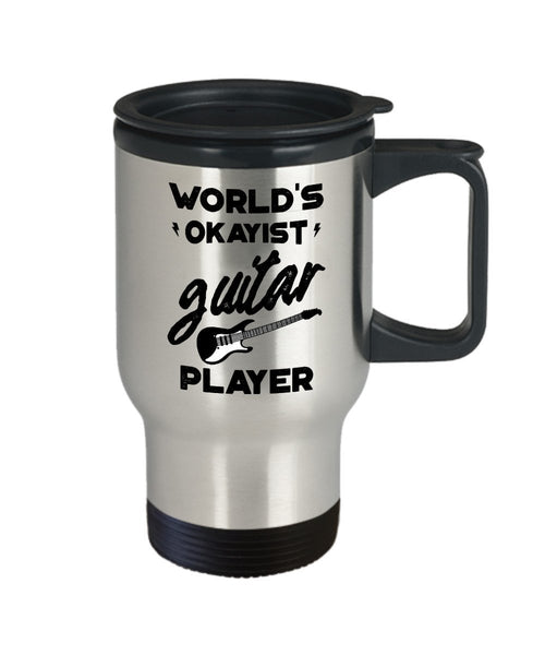 Worlds Okayest Guitarist Travel Mug - Funny Tea Hot Cocoa Coffee Insulated Tumbler - Novelty Birthday Gift Idea