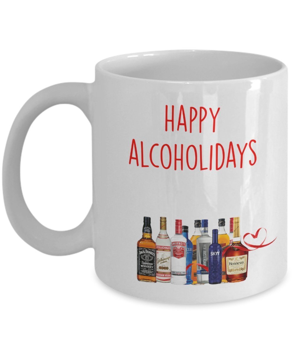 Lustige Tasse mit Aufschrift"Happy Alcoholidays", für Tee und Kakao