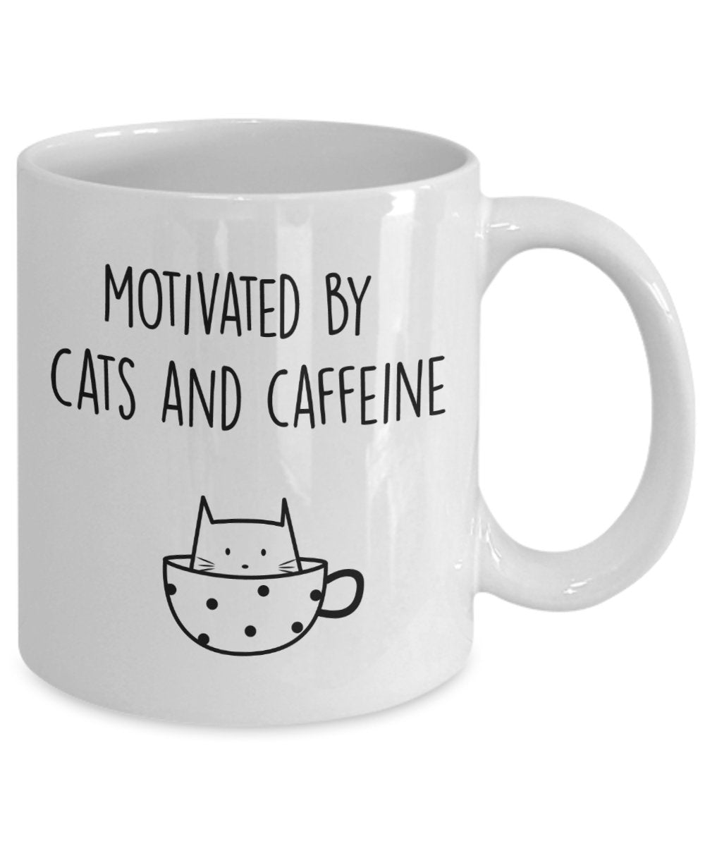 Motivated by Cats and Caffeine Mug - Funny Tea Hot Cocoa Coffee Cup - Novelty Birthday Gift Idea