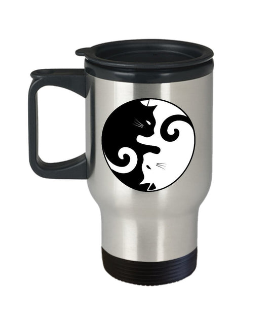 Ying Yang Cat Travel Mug - Funny Tea Hot Cocoa Coffee Insulated Tumbler - Novelty Birthday Christmas Gag Gifts Idea