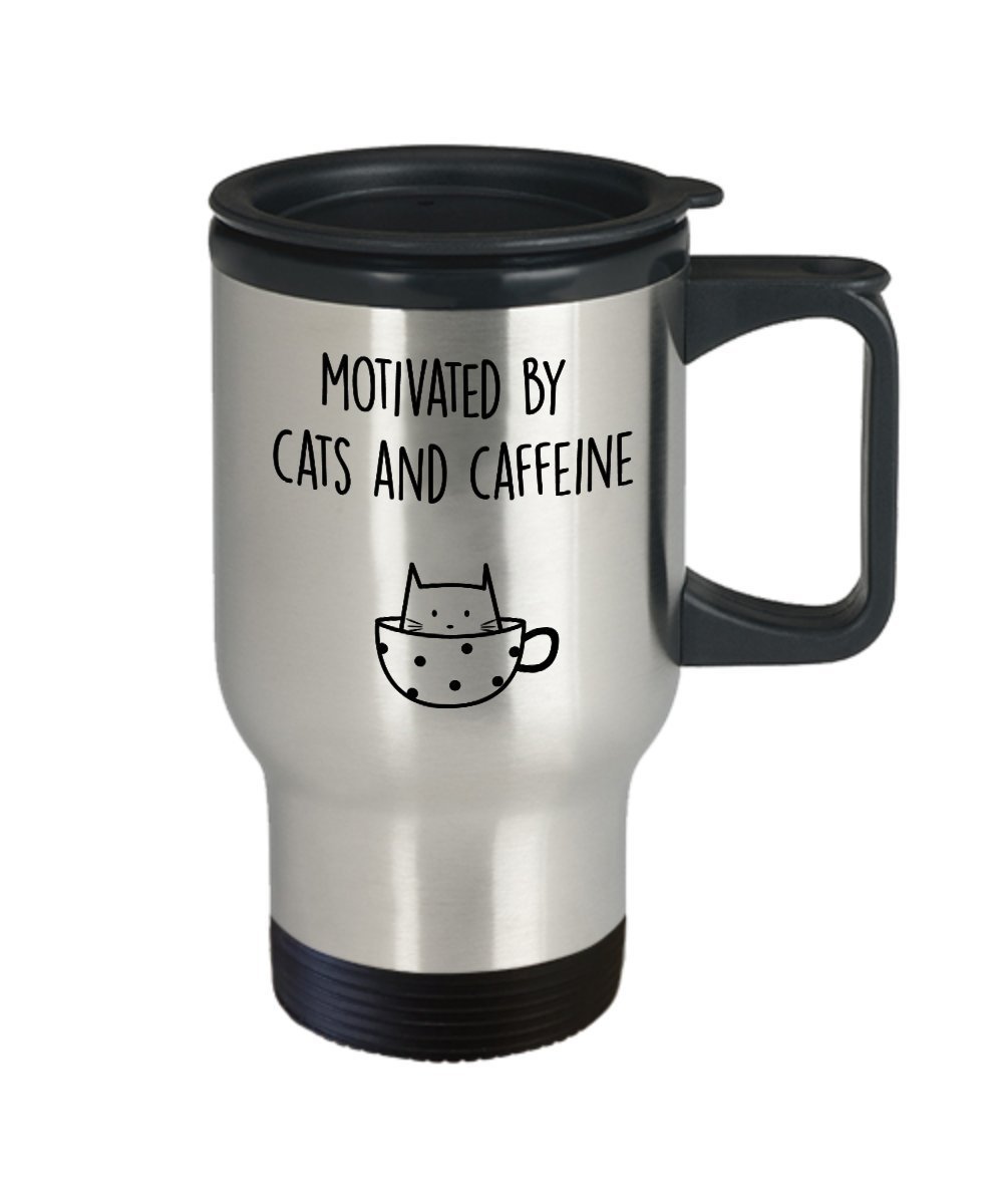 Motivated by Cats and Caffeine Travel Mug - Funny Tea Hot Cocoa Coffee Insulated Tumbler - Novelty Birthday Gift Idea