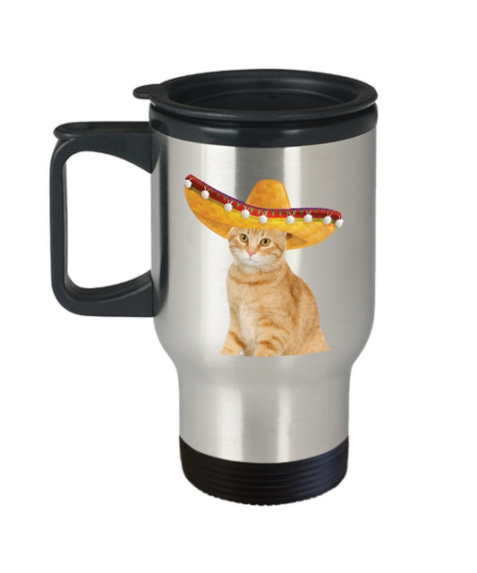 Fiesta Cat Travel Mug - Funny Tea Hot Cocoa Coffee Insulated Tumbler - Novelty Birthday Christmas Gag Gifts Idea