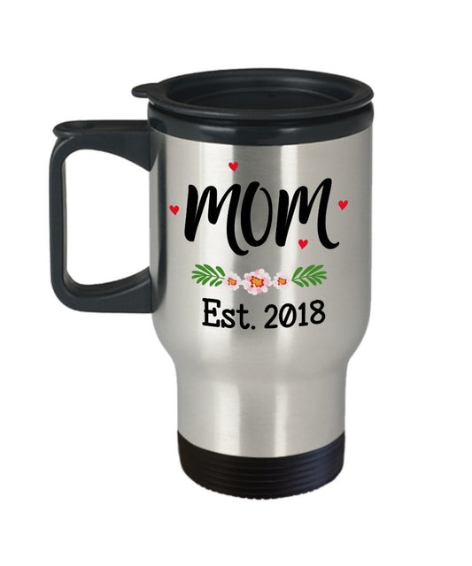 Mom Est. 2018 Travel Mug – Pregnancy Announcement Gift - Future Moms Mugs - Funny Tea Hot Cocoa Coffee Insulated Tumbler- Novelty Birthday Christmas A