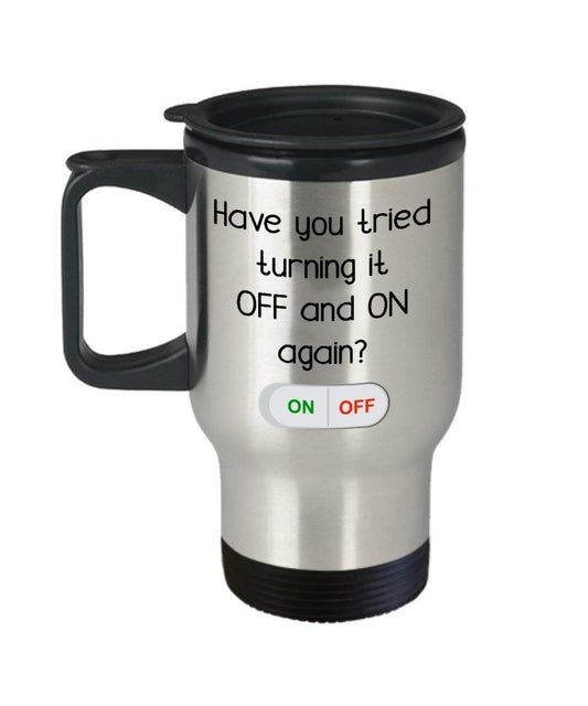 cercare e spegnerlo e della tazza da viaggio – Funny Tea Hot Cocoa isolato tumbler – Novità compleanno Natale anniversario GAG regalo idea