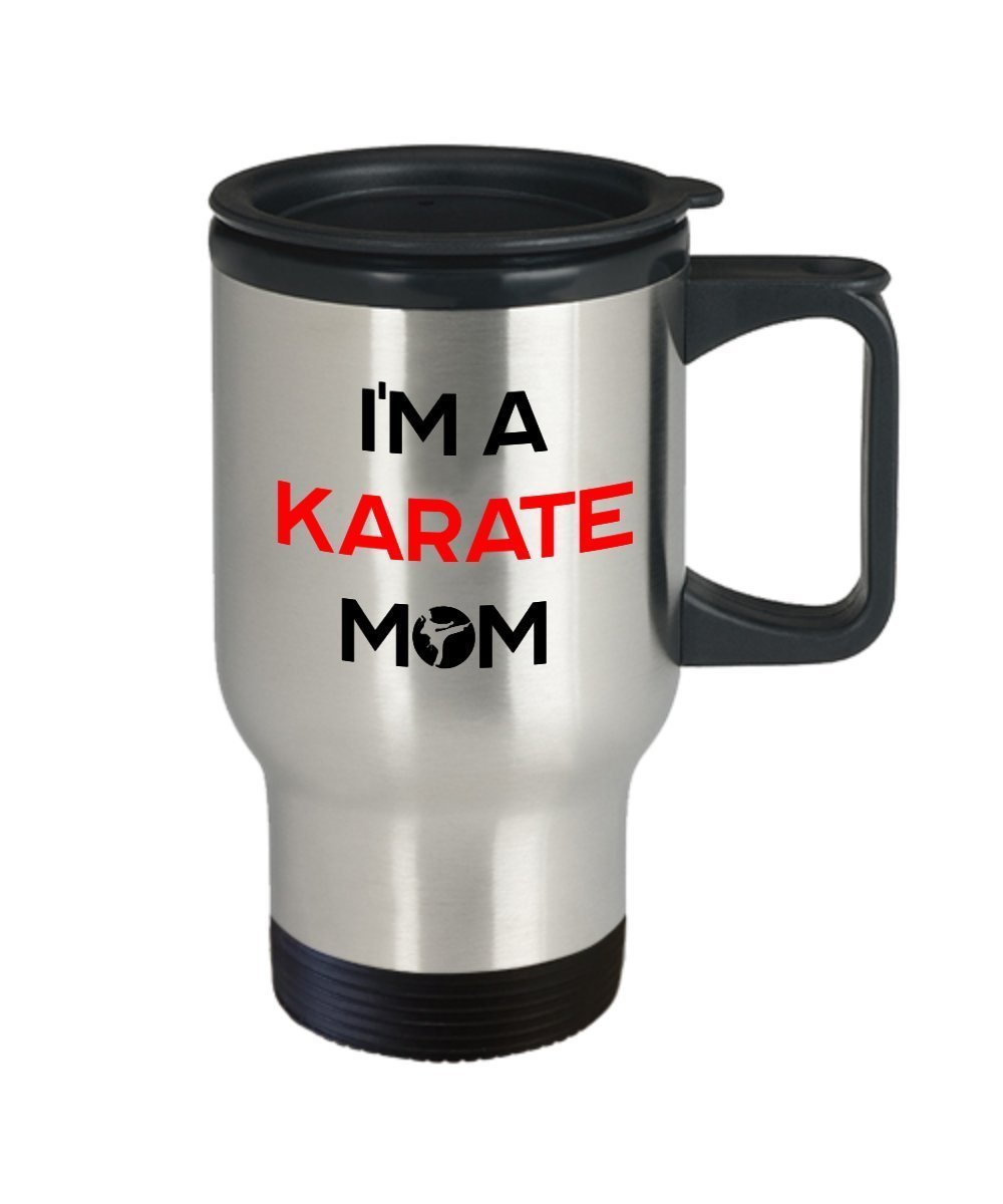 Karate Mom Travel Mug - Funny Tea Hot Cocoa Coffee Insulated Tumbler Cup - Novelty Birthday Christmas Anniversary Gag Gifts Idea