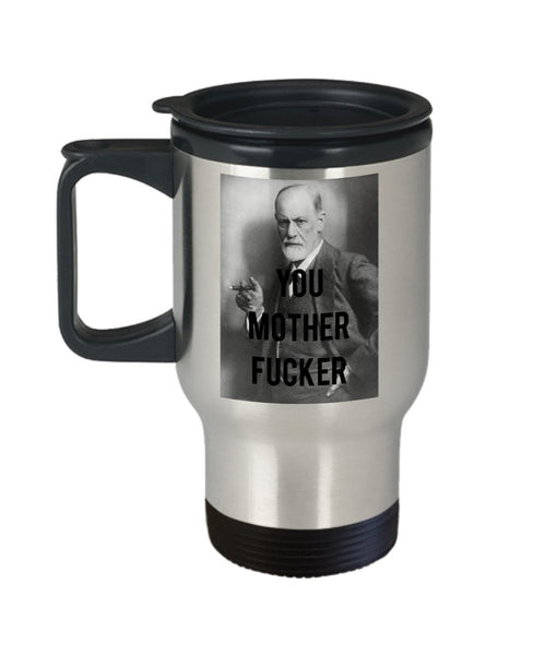 Sigmund Freud Pun Travel Mug - Funny Tea Hot Cocoa Coffee Insulated Tumbler - Novelty Birthday Gift Idea