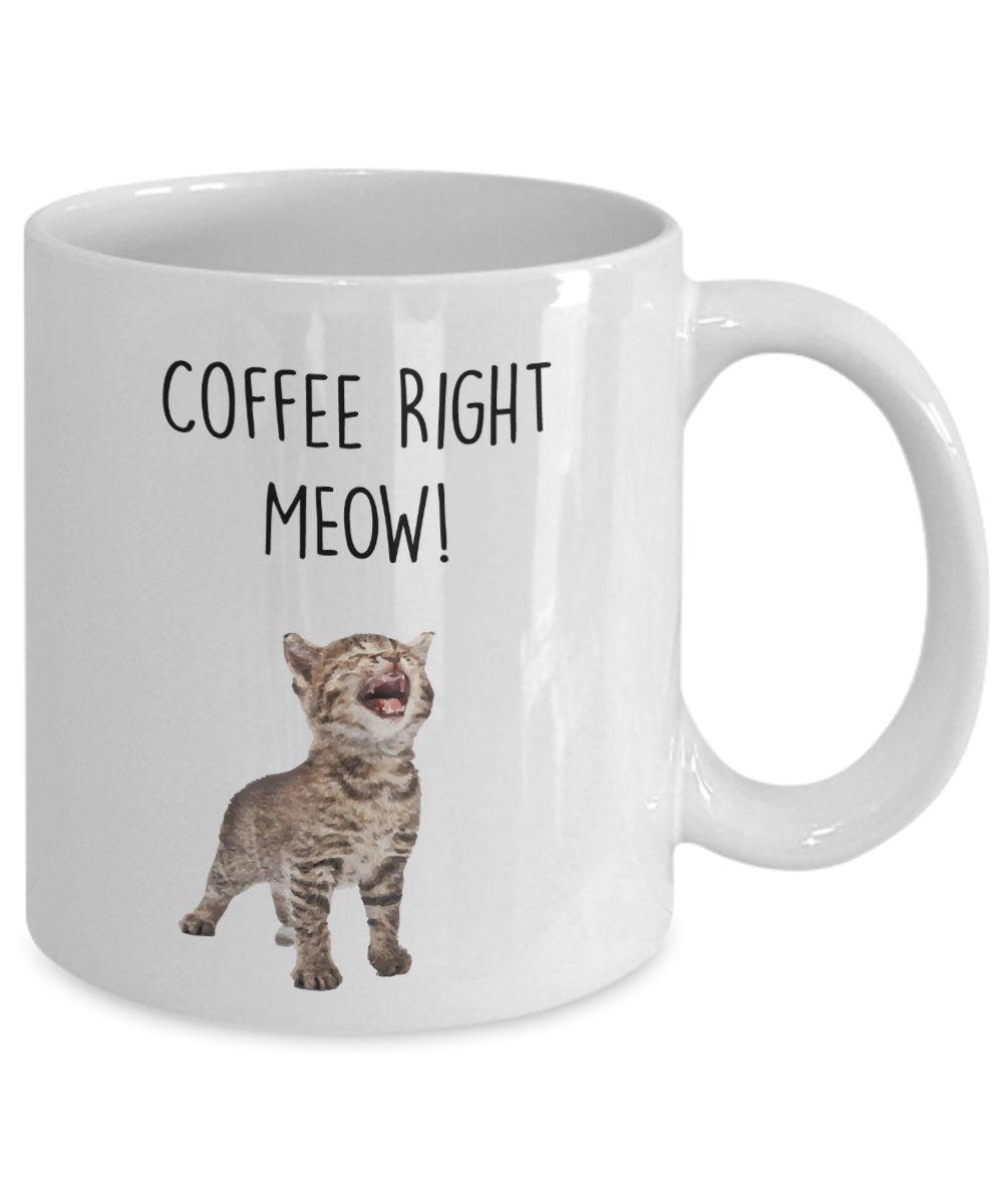 Tasse mit Beckoning Cat – Coffee Right Meow! Lustige Teetasse für heiße Kakao-Kaffeetasse – Neuheit Geburtstag Weihnachten Gag Geschenk Idee