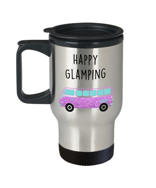 Happy Glamping Travel Mug - Funny Tea Hot Cocoa Coffee Insulated Tumbler - Novelty Birthday Christmas Anniversary Gag Gifts Idea