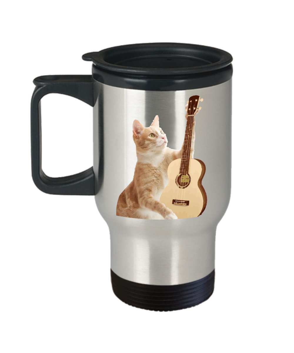 Funny Cat Playing Ukulele Travel Mug- Funny Tea Hot Cocoa Coffee - Novelty Birthday Christmas Gag Gifts Idea