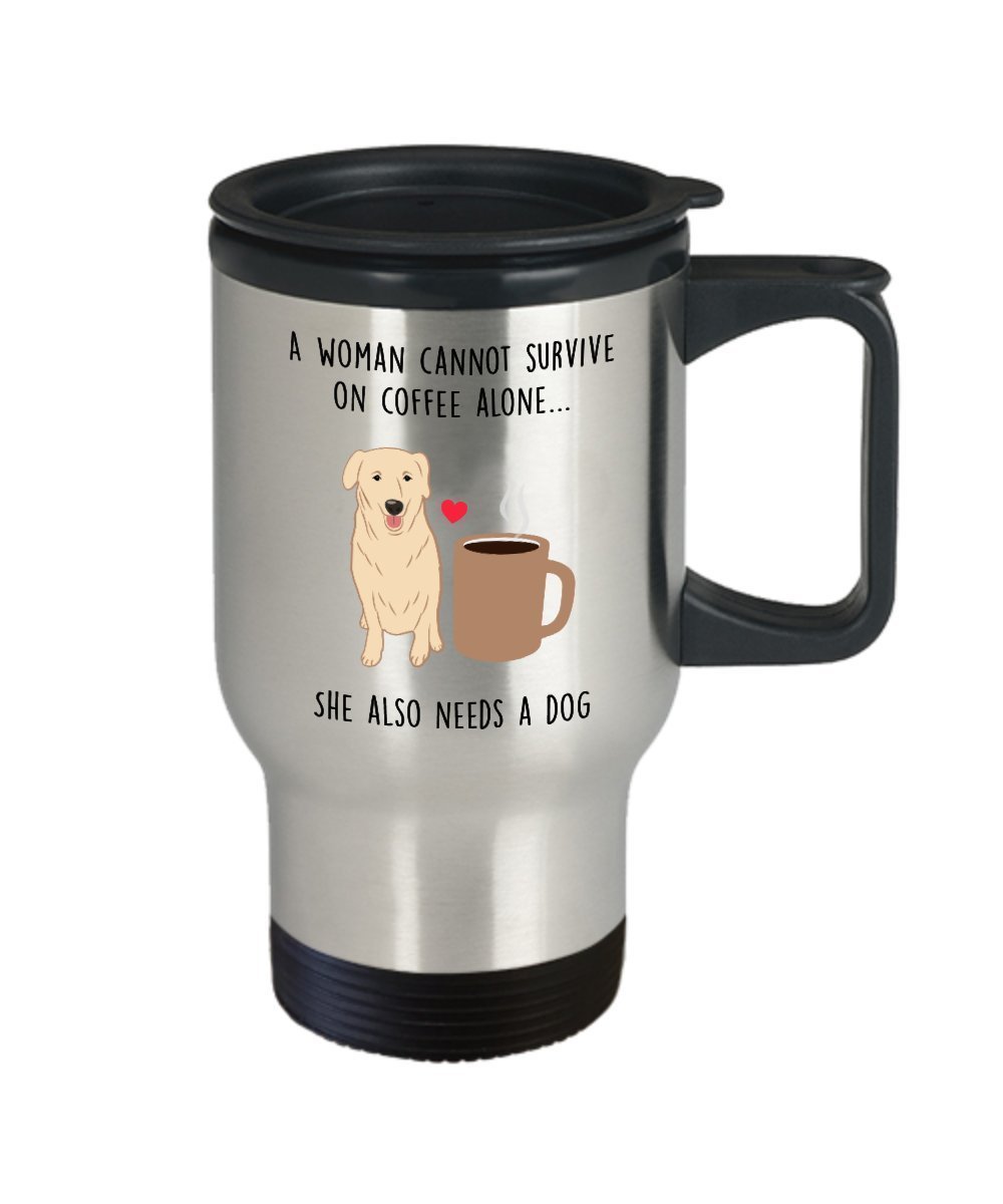 A Woman Cannot Survive On Coffee Alone Travel Mug - Dog Lover Gift - Funny Tea Hot Cocoa Insulated Tumbler - Novelty Birthday Christmas Anniversary G