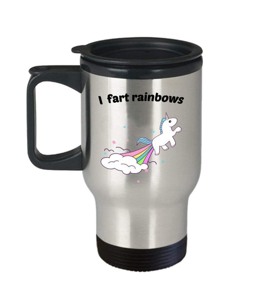 Unicorn Farting Travel Mug - I Fart Rainbows- Funny Tea Hot Cocoa Coffee Insulated Tumbler - Novelty Birthday Gift Idea