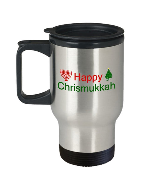 Happy Chrismukkah Travel Mug - Funny Tea Hot Cocoa Coffee Insulated Tumbler - Novelty Birthday Gift Idea