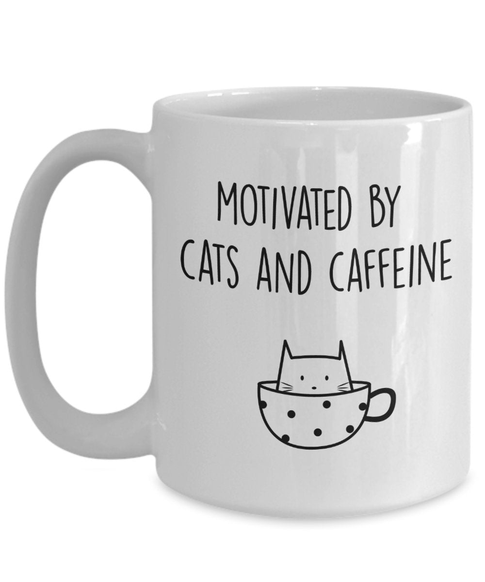 Motivated by Cats and Caffeine Mug - Funny Tea Hot Cocoa Coffee Cup - Novelty Birthday Gift Idea