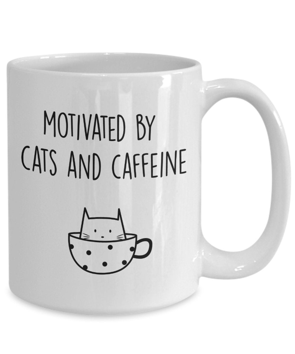 Motivated by Cats and Caffeine Mug - Funny Tea Hot Cocoa Coffee Cup - Novelty Birthday Gift Idea