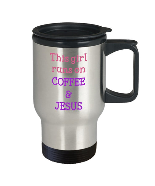 This Girl Runs on Coffee and Jesus Travel Mug - Funny Tea Hot Cocoa Coffee Cup - Novelty Birthday Christmas Anniversary Gag Gifts Idea