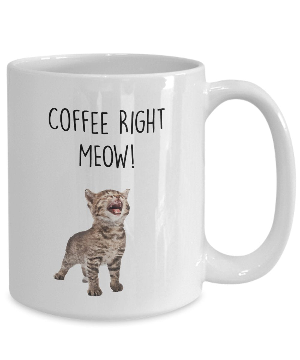 Tasse mit Beckoning Cat – Coffee Right Meow! Lustige Teetasse für heiße Kakao-Kaffeetasse – Neuheit Geburtstag Weihnachten Gag Geschenk Idee