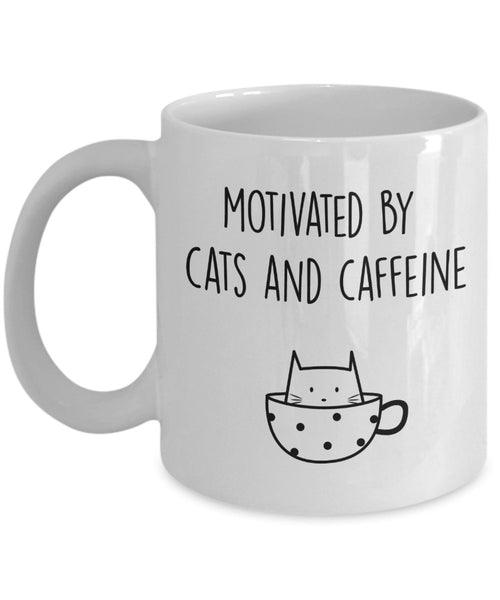 Motivated by Cats and Caffeine Mug - Funny Tea Hot Cocoa Coffee Cup - Novelty Birthday Gift Idea
