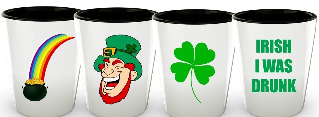 St. Patrick’s Days Shot Glasses - I Wish I Was Drunk - Four Leaf Clover - Leprechaun - Pot of Gold - Funny Irish Ceramic Cups - (Pot of Gold Rainbow)
