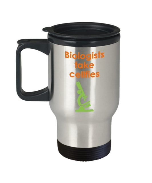 Biology Pun Travel Mug - Biologists Take Cellfies- Funny Tea Hot Cocoa Insulated Tumbler - Novelty Birthday Christmas Anniversary Gag Gifts Idea