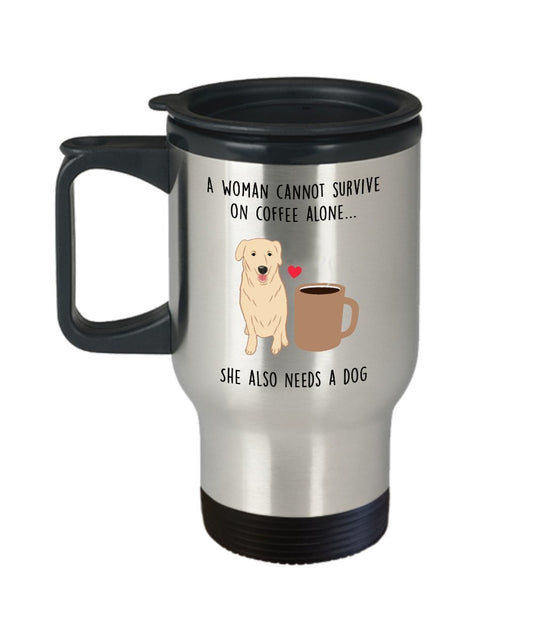 A Woman Cannot Survive On Coffee Alone Travel Mug - Dog Lover Gift - Funny Tea Hot Cocoa Insulated Tumbler - Novelty Birthday Christmas Anniversary G