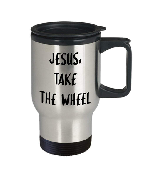 Mug de voyage avec inscription « Jesus Take the Wheel » - Tasse à café amusante - Cadeau d'anniversaire de Noël