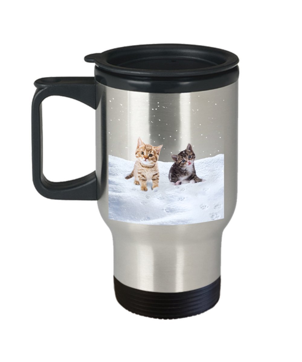 Snowfall Cats Travel Mug - Cat Lover Gift - Funny Tea Hot Cocoa Coffee Insulated Tumbler - Novelty Birthday Gift Idea