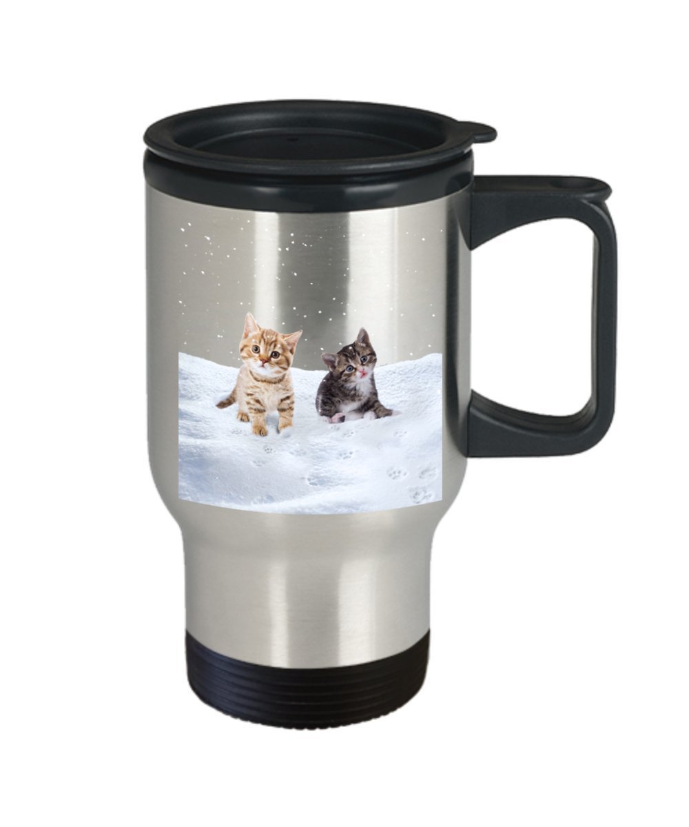 Snowfall Cats Travel Mug - Cat Lover Gift - Funny Tea Hot Cocoa Coffee Insulated Tumbler - Novelty Birthday Gift Idea